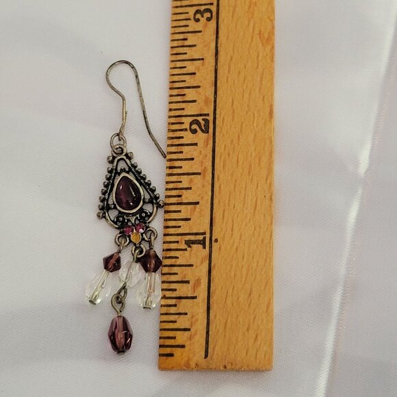 Boho Antique Gold Dangling Earrings With Purple & Clear Beads Teardrop Design Ho - Picture 5 of 6